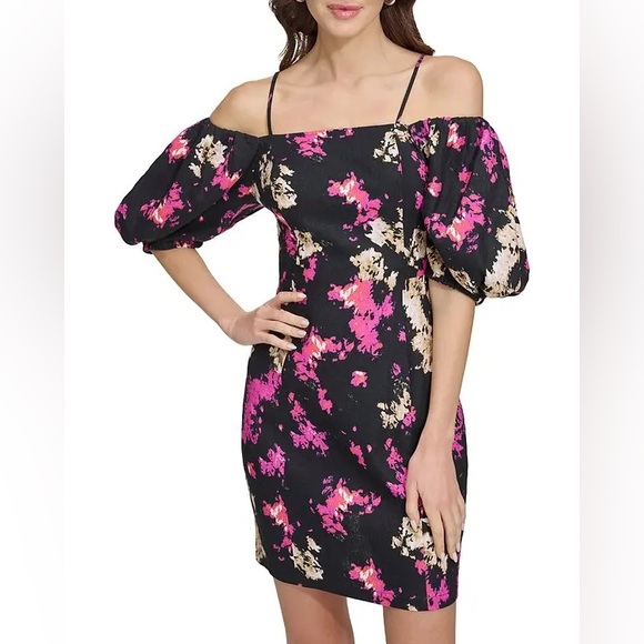 DKNY Off-The-Shoulder Puff Sleeve Mini Dress NWT - Picture 2 of 4